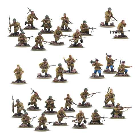 28mm scale Soviet Army Infantry Platoon plastic miniatures for Bolt Action WWII games with Mosin Nagant rifles and command options.