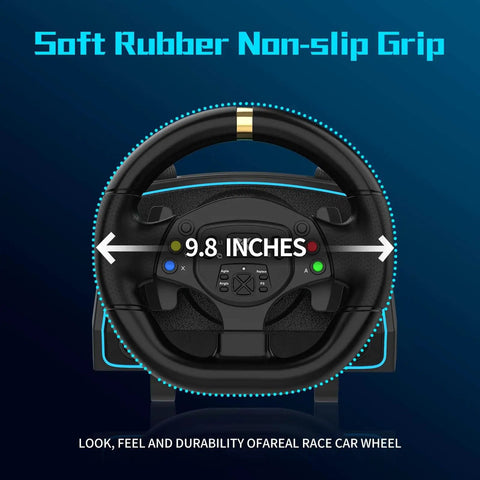 Front view of 1080 Degree Magnetic Induction Racing Wheel with 9.8-inch diameter, soft rubber grip, buttons on wheel