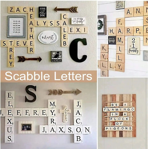 Assorted wall art with wooden scrabble letters forming names and quotes in a home decor setting.