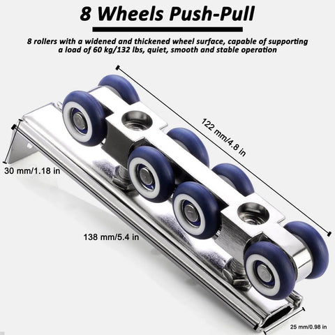 Heavy Duty Aluminum Pocket Door Hardware Kit With Quiet Rollers, Eight Wheel Hanger Brackets, 132 Lbs Capacity