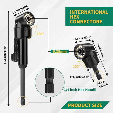 Flexible Drill Bit Extension Kit With 19 Pcs And 105 Degree Right Angle Attachments GRENPRO, featuring hex connector dimensions.