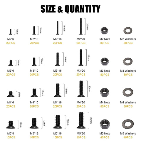 860 Piece All In One Metric M2 M3 M4 M5 Hex Socket Flat Head Screws Bolts Nuts Washers Kit sizes and quantities