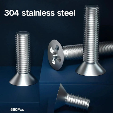 Flat Head M2.5 Stainless Steel Screws Kit 304 Full Thread Fasteners Assortment for Wall Plates and Electronics 560 pcs