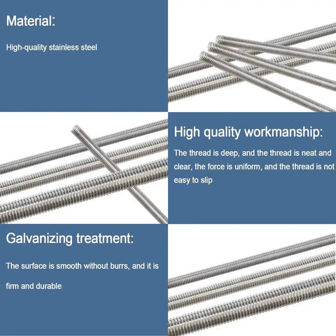 Close-up of 12 Inch 304 Stainless Steel Threaded Rods with hex nuts for garden stakes showing material and workmanship details.