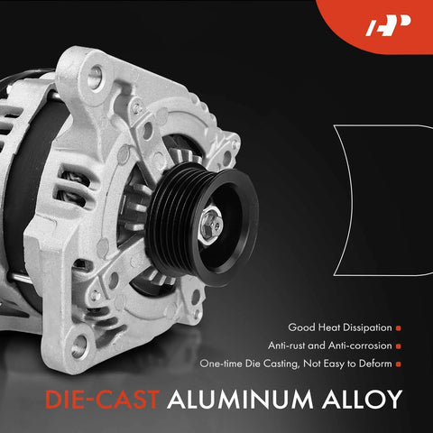 Close-up of Beefed-Up 150Amp 12V Alternator for Dodge Journey 2009 2010 V6 3.5L with 6-groove pulley, clockwise rotation.