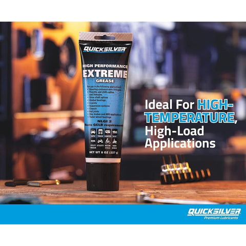 Quicksilver High-Performance Extreme Marine Grease tube, 8 oz, blue label, black cap