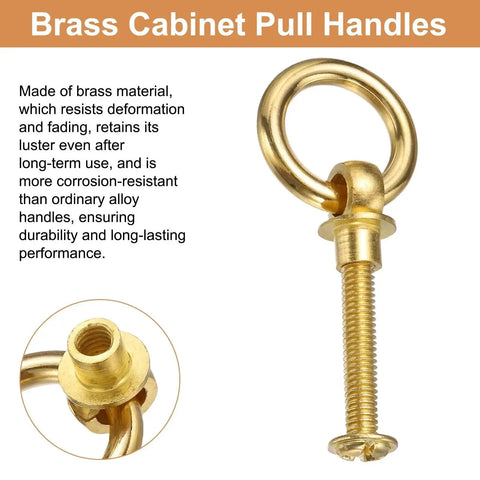 Brass Ring Drawer Pulls Set 2 Pieces 0.79 Inch Gold Tone Cabinet Knobs with screw, durable and corrosion-resistant brass material.