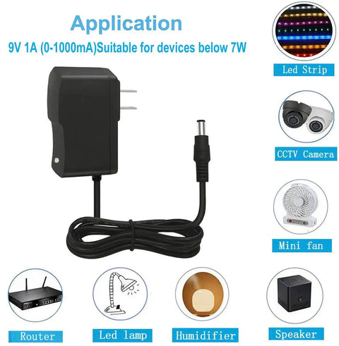 9V DC Power Supply 1A AC Adapter 100 240V Input 50 60Hz 9V Output 1A Max 10W With 4.6Ft Cable shown with compatible devices.