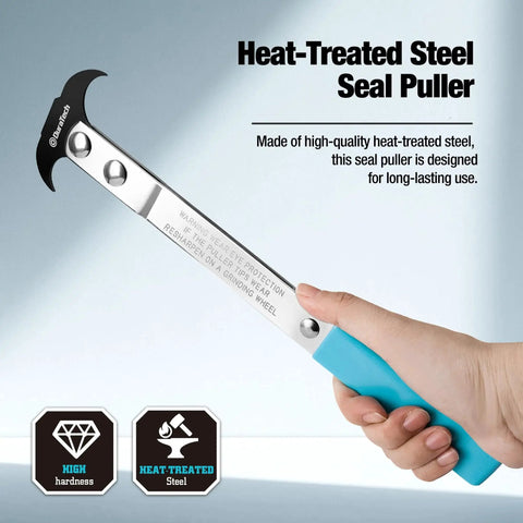 Hand holding a Heavy Duty Seal Puller For Automotive And Machinery Use, Heat Treated Steel With Rust Resistant Blackened Head And Chrome Plated Shaft, Precision Seal Removal Tool Built For Tough Jobs And Long Lasting Performance Duratech