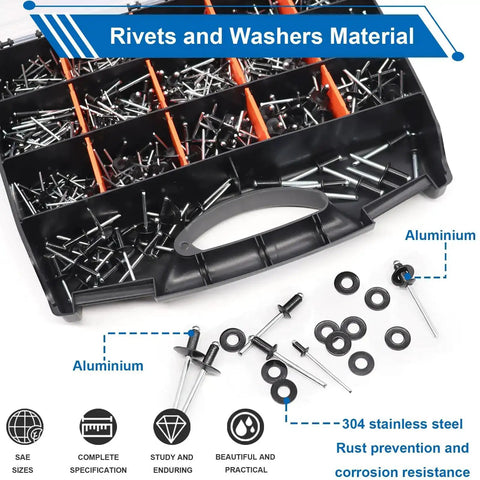 Pro Grade Beefed Up 1001 Piece Pop Rivet Gun Kit With Black Rivets Large Flange Rivets And Stainless Washers In Portable Toolbox
