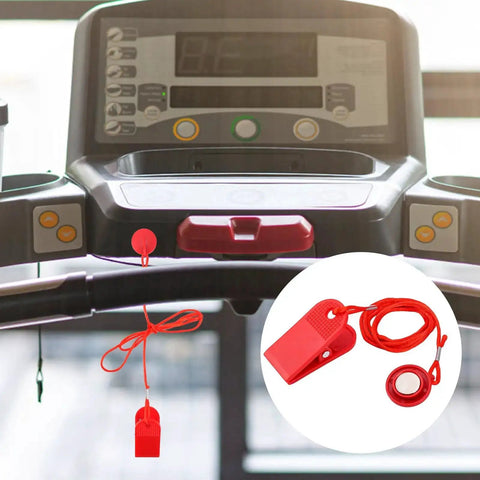 Universal Treadmill Safety Key Replacement With Emergency Stop Magnet attached to treadmill, red PVC material, 105 cm length