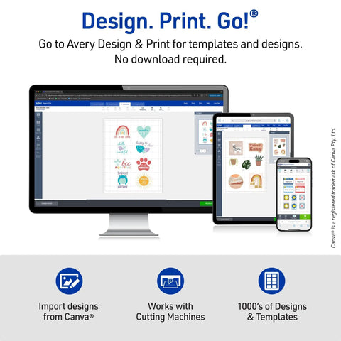 Printable Sticker Paper for Home Projects With Repositionable Adhesive, 8.5 By 11 Inches Matte White, Laser And Inkjet Compatible, illustration on computer, tablet, and phone screens.