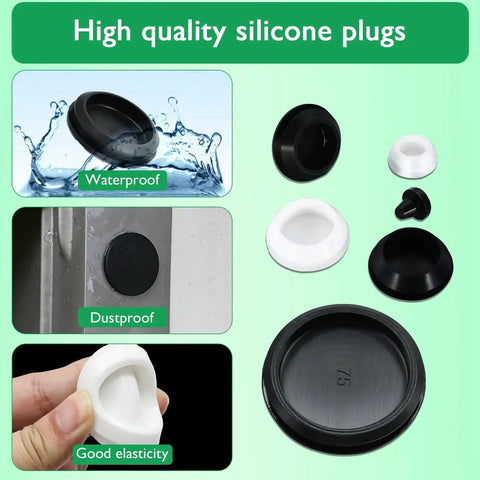 15 Pack Rubber Plugs For Round Holes 22mm Black Snap In Waterproof Silicone Stopper, shown in various uses and colors, waterproof, dustproof.