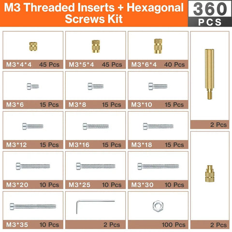 Heat Set M3 Threaded Inserts Kit With 60W Digital Soldering Iron 360Pcs Threaded Inserts Bolts Nuts And Insert Tips chart.