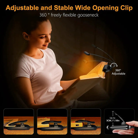 Rechargeable Clip On Book Light With 19 LEDs 3 Color Temps 5 Levels Memory clipped to book, 360° neck, in use during reading