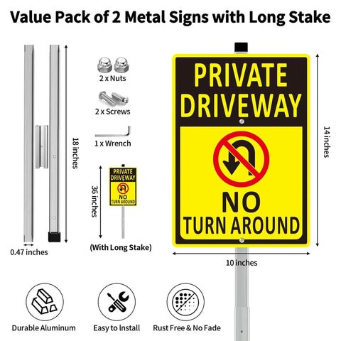 2 Pack No Turn Around Driveway Sign 14x10 Inch Heavy Duty Aluminum Private Driveway Signs With Long Stakes, Yellow