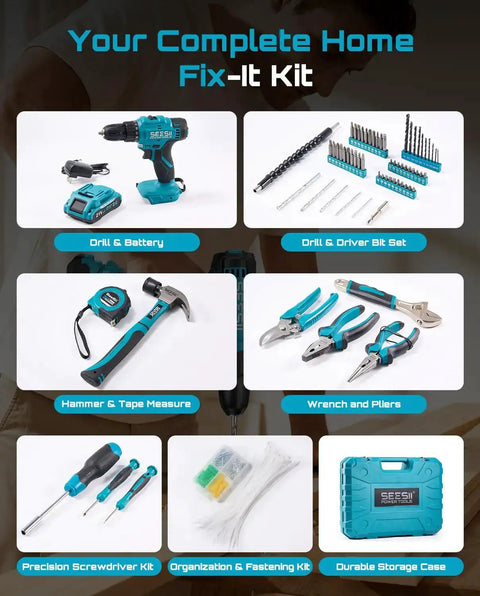 21V Cordless Drill Tool Kit With 190 Piece Power Tool Set Pro Grade Includes Hammer Pliers Wrenches And Toolbox Electric Drill Driver