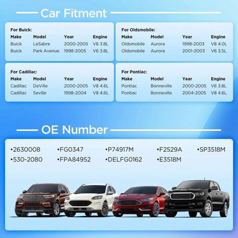 Chart showing car fitment details and OE numbers for Plug And Play Electric Fuel Pump Module Assembly Direct Fit Replacement.