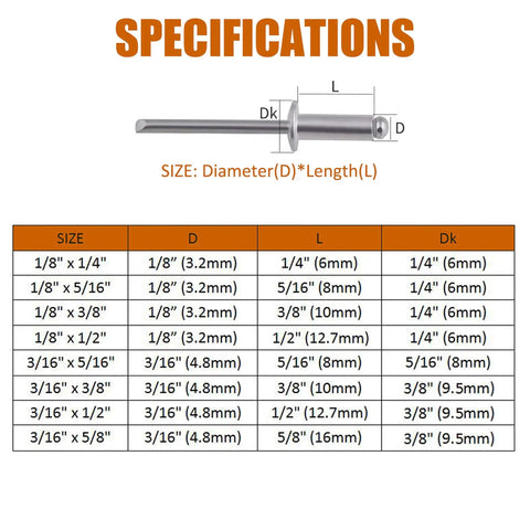 Specifications chart for Aluminum Blind Rivets Kit With 385 Pieces In 8 Sizes For Quick Durable Repairs And Heavy Duty Projects Ideal For Home, Auto, Marine, And Workshop Use Silver Finish Pop Rivets Set ISPINNER