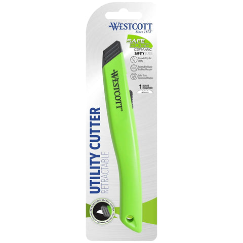 Ceramic Safety Box Cutter With Retractable Blade For Easy Large Box Opening in green packaging, side view.