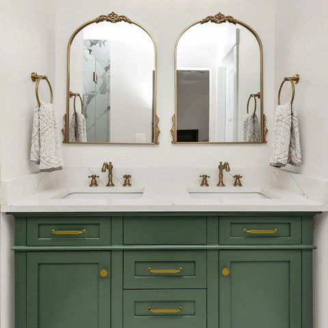 Bathroom vanity with Ten Pack Antique Brass Cabinet Pulls With Three And Three Quarters Inch Hole Centers For Cabinets Drawers Dressers.