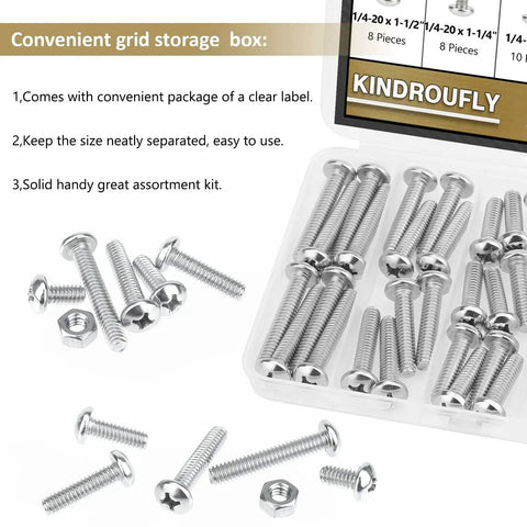 58 Piece Stainless Steel 1/4-20 Phillips Pan Head Machine Screws And Matching Hex Nuts Set With 1/2 Inch, 3/4 Inch, 1 Inch, 1-1/4 Inch, 1-1/2 Inch Lengths Fully Threaded 304 Grade For DIY Projects And Home Repairs in grid storage box