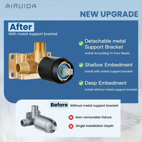 Upgrade diagram for Matte Black 8 Inch Rain Shower System With SUS304 Stainless Steel Shower Head And Single Handle With Male Threads Rough In Valve Brass Mixer Wall Mount Trim Kit Easy Install Shower Faucet Set Built To Last showing new metal support bracket.