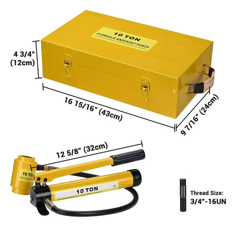 Heavy Duty Hydraulic Knockout Punch Kit 10 Ton With 6 Die Sets For 1/2 To 2 Inch Conduit yellow case and components