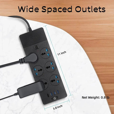 Top view of European Travel Plug Adapter Universal Power Strip with six AC outlets and four USB ports, 11x3.8 inches.