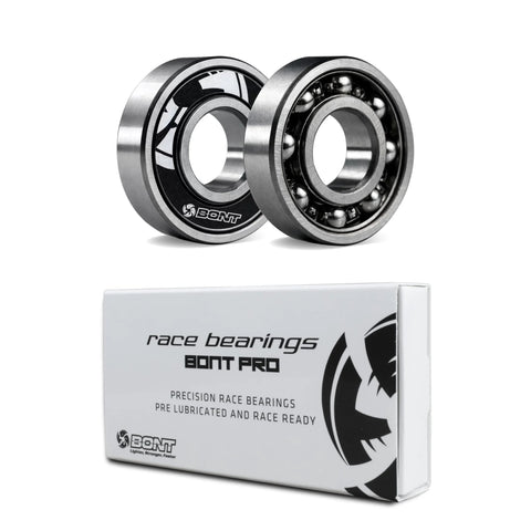 Bont Pro 608 skate bearings pair, silver steel, with white Bont-branded box.