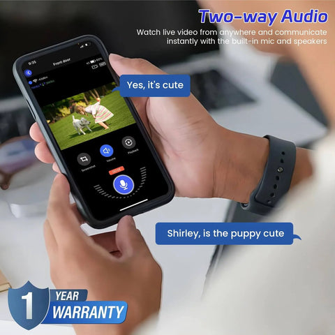 Smartphone displaying live feed from Doorbell Camera M52 Outdoor Indoor 1080 HD Night Vision With Four Infrared Lights 120 Degree Wide View Motion Detection Alerts Smartphone App Wireless Security Camera With Optional Cloud Storage.
