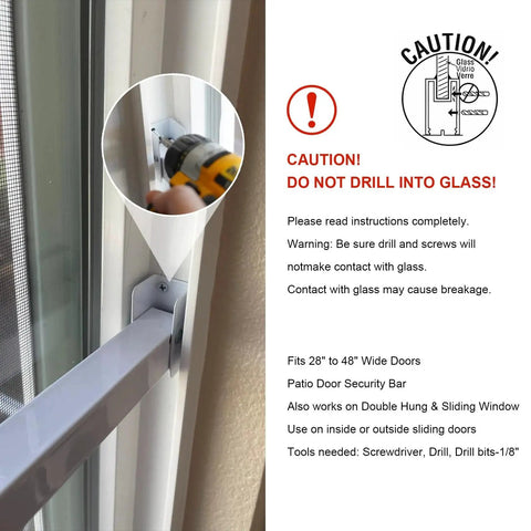 Close-up of Window Security Bar installed on patio door frame, adjustable from 28 inches to 48 inches, with adjustment instructions.