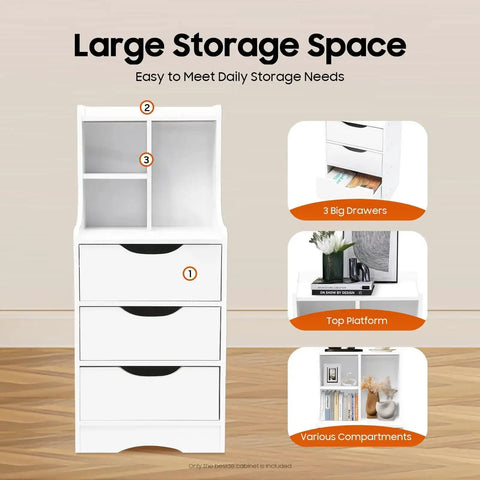 White vertical bedside cabinet with three drawers and open storage shelf nightstand end table for bedroom setup