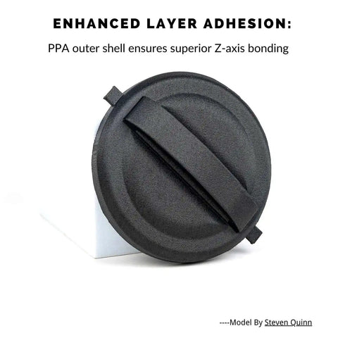 Round 3D printed part showcasing layer adhesion using Fibreheart PPA CF Core Black 25 Percent Carbon Fiber Core Concentrated 3D Printer Filament