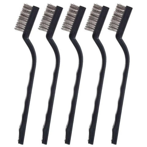 Ten Piece Small Wire Brush Set With Curved Handle For Welding Slag Rust Deburring And Metal Cleaning Ideal For Steel Parts Machinery And Masonry Prep Durable Bristle Scrubbing Kit For Quick Cleanups showing five brushes with curved black handles and metal bristles.