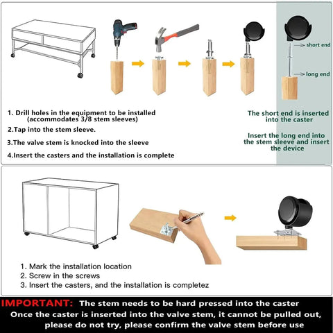 Installation guide for heavy duty 2 inch caster wheels with rotating top plate and 5/16 inch valve stem, showing each assembly step.