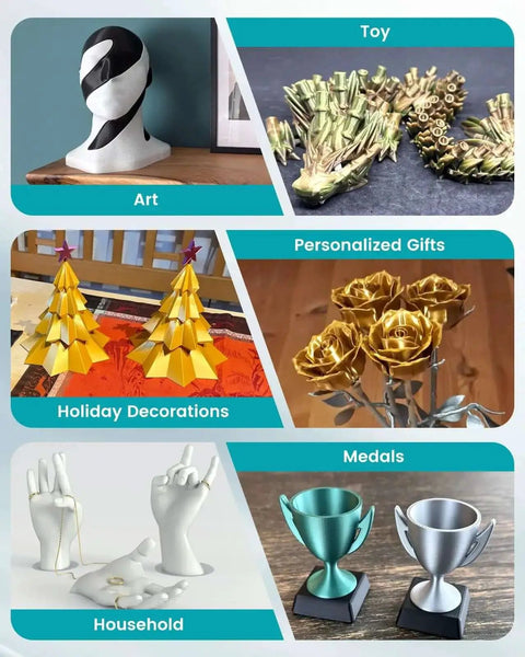Collage showing various 3D printed items using Silk PLA Plus Filament 1.75mm 1kg Silver with chrome-like gloss finish and smooth silk texture.