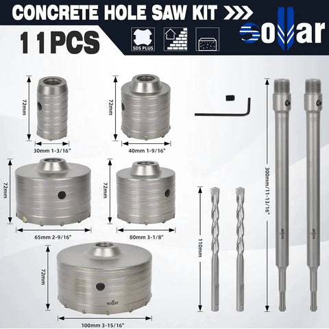11 Piece Concrete Hole Saw Kit with 300mm SDS Plus and MAX Shank Tungsten Carbide Tips shown with various drill bit sizes.