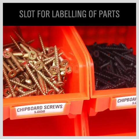 Close-up of orange bins with screws in the Wall Mounted Storage Bin Rack Kit 30 Piece Parts Organizer For Garage And Shop Durable Plastic
