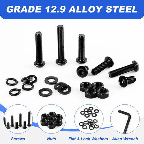 M6 Button Head Hex Socket Cap Screw Kit With Nuts And Washers, 510 Pieces, M6x10mm Through M6x35mm, 12.9 Grade Alloy Steel Black Galvanized