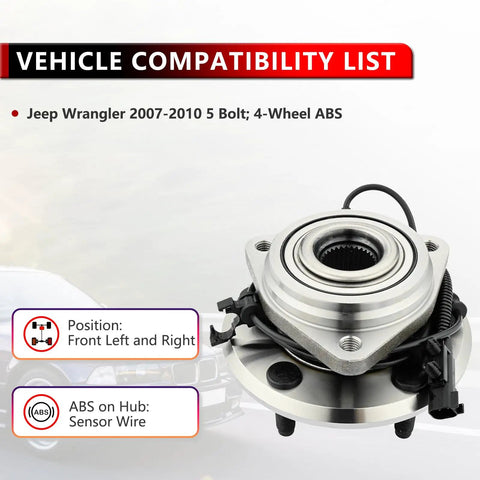 Front Wheel Hub And Bearing Kit For Jeep Wrangler 2007 To 2016, 5 Lug With ABS, 2 Piece Set shown with compatibility details