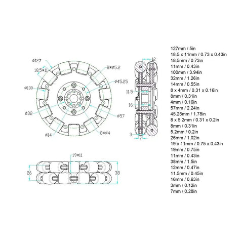 Technical diagram of 5 Inch Omni Wheel with Aluminum Alloy Hub for DIY Robots, showing dimensions and structure for omnidirectional movement.