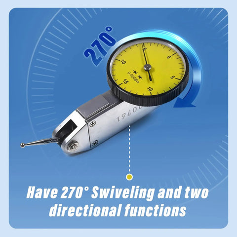 Yellow 0.030 In Test Indicator With 0.0005 In GR Dial Reading shown with 270° swivel and dual direction functions