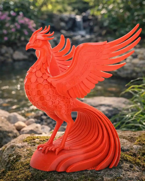 Red phoenix sculpture printed with Red 1.75mm PLA Filament, 1kg Cardboard Spool, Low Warp, Odor Free, Clog Free, outside on rock