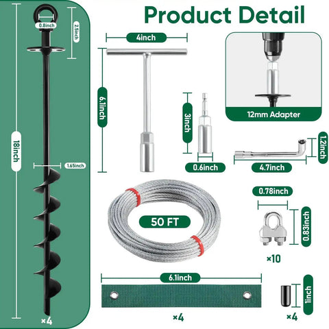 18 Inch Ground Anchors Screw In Heavy Duty Shed Anchor Kit with straps, steel cable, and tools shown in product detail illustration.