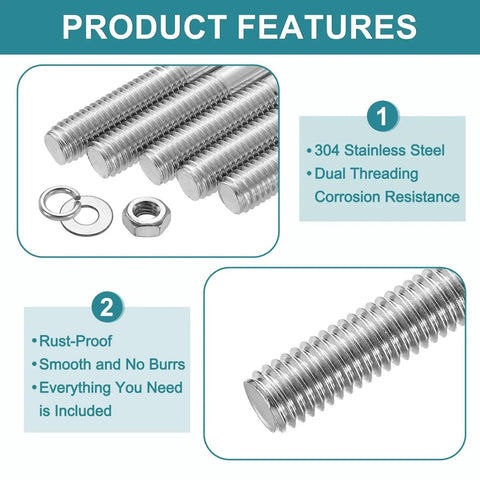 Product features of Double Ended Stud Screws M3x80mm 304 Stainless Steel Kit with nuts and washers, highlighting design and material.