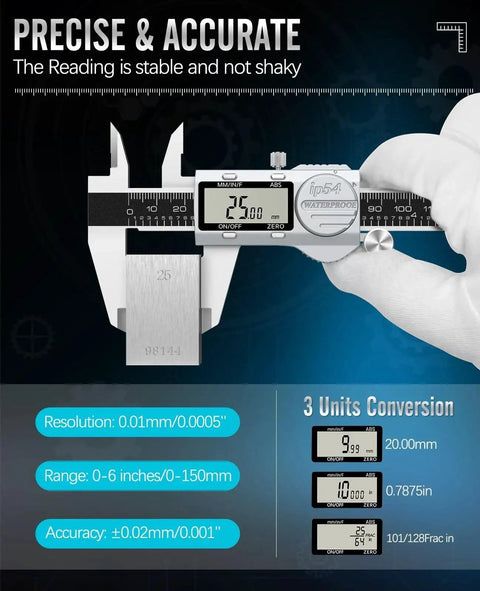 Digital Caliper 12 Inch With ABS Absolute Scale IP54 Waterproof Stainless Steel Vernier Caliper With Inch MM And Fraction Readouts Auto Off LCD Display Precision Measuring Tool Feeler Gauges Included displayed in hand showing 25 mm measurement.