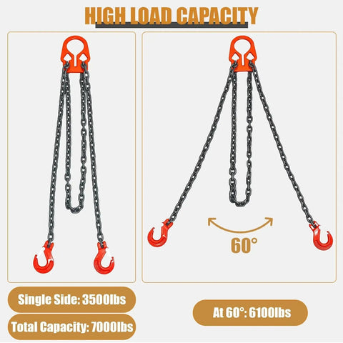 Noliven heavy-duty dual-leg lifting chains with adjustable hooks, 5/16 in x 10 ft, black steel with orange hooks