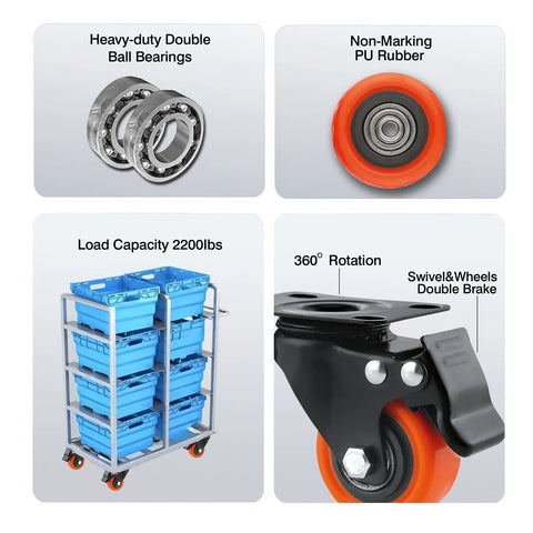 2 Inch Caster Wheels Set Of 4 With Brakes Heavy Duty Polyurethane Swivel Casters 360 Degree Plate Caster Wheels Loaded Cart