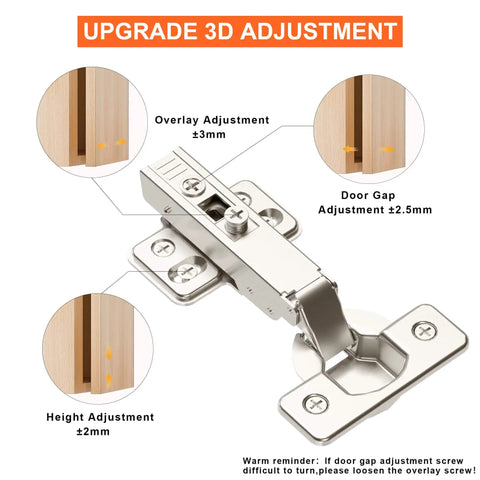 Two-Pack Precision Engineered Full Overlay Cabinet Hinges For Frameless Cabinets With Soft Close Concealed 3D Adjustable Hinges Plus Minus 3mm Left Right Heavy Duty Nickel Plated With Four Hole Mounting Plate And Screws Kimdot showing 3D adjustments